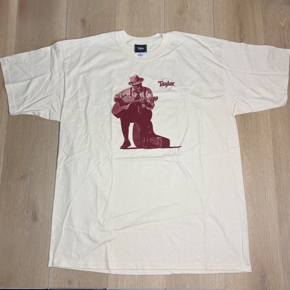 Taylor Guitars Mens XXL Cream Graphic T-Shirt Blues Musician Acoustic Guitar Tee